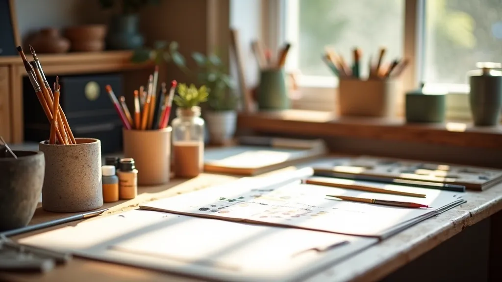 Creative workspace showing art supplies and materials in organized studio setting