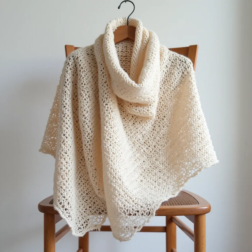 Knitted lace shawl in merino wool showing intricate stitch patterns and beautiful drape on wooden chair with soft natural window light