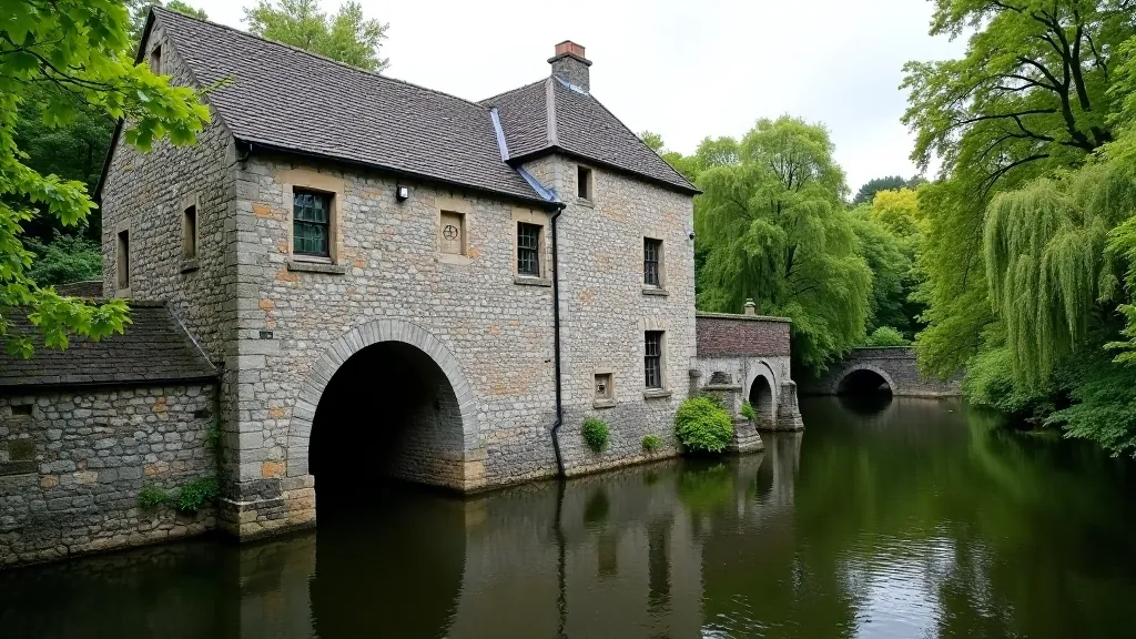 Historic mill building with stone architecture reflected in river water, surrounding trees and walking path visible