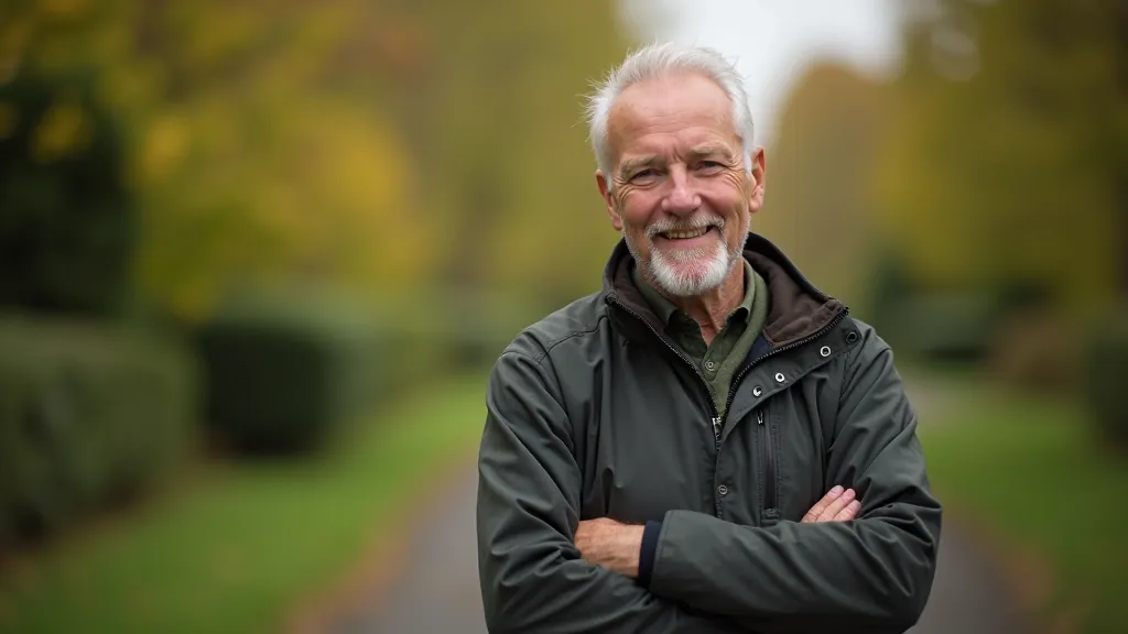 Friendly walking guide, man in comfortable walking attire, welcoming demeanor, outdoor setting