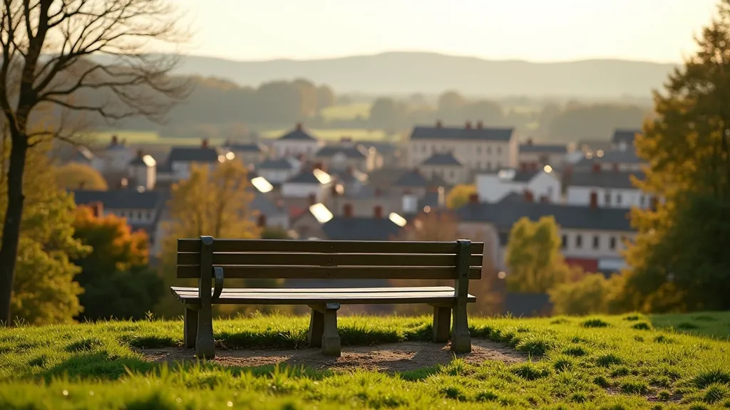 Wooden park bench on hillside with scenic view