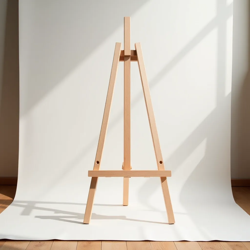 Wooden studio easel base showing three-legged design and rubber feet positioned on studio floor